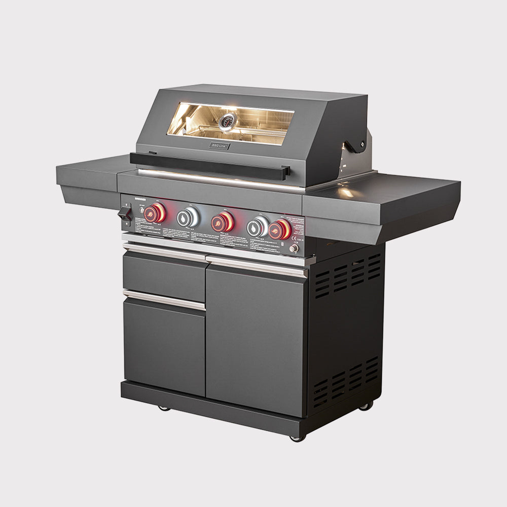 Gas grill with 4 burners and a rear burner