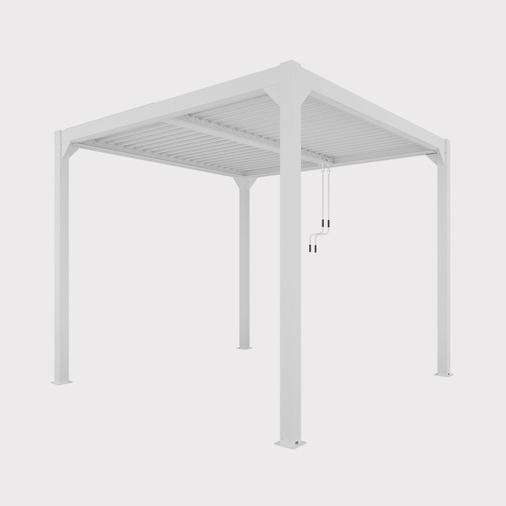 Biała pergola ogrodowa Luxe 4x4x2,5 m z oświetleniem LED od Esti&Esta, na tarasie lub w ogrodzie.