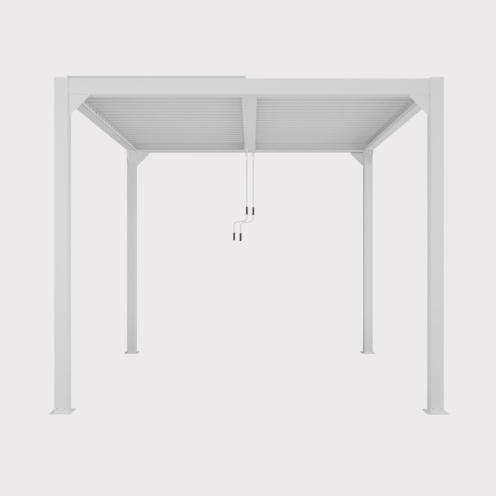 Biała pergola ogrodowa Luxe 4x4x2,5 m z oświetleniem LED od Esti&Esta, widok z boku z eleganckim designem i oświetleniem.